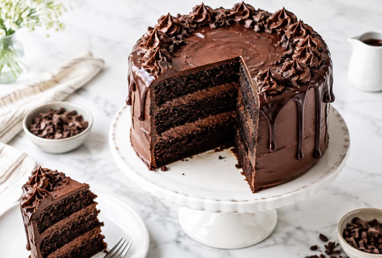 A three-layer chocolate cake with glossy chocolate frosting on a white cake stand